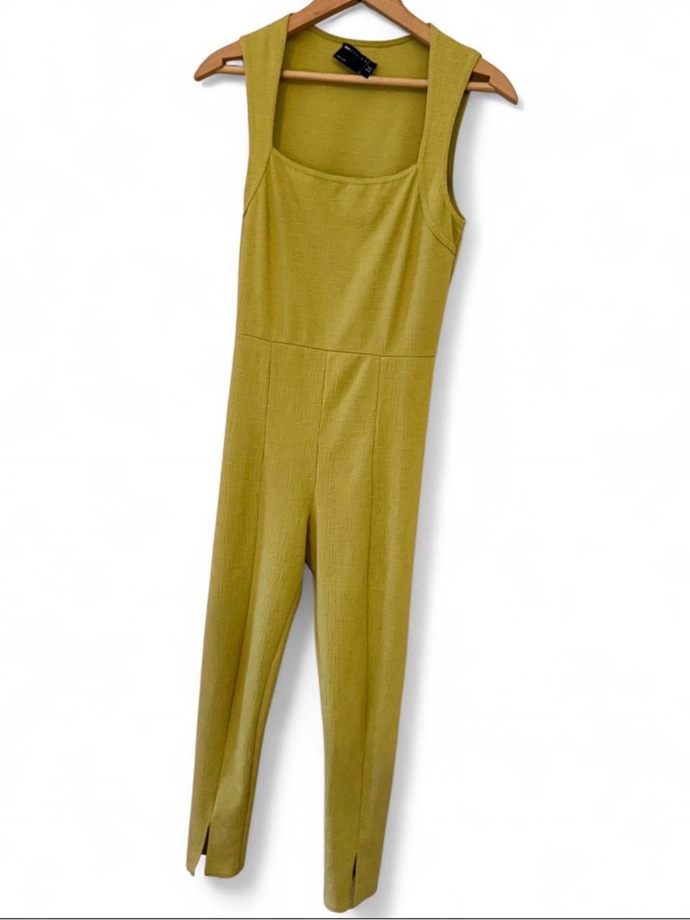 Chartreuse Square Neck Skinny Leg Jumpsuit w/ Leg Slit & Detachable Chain Size 4